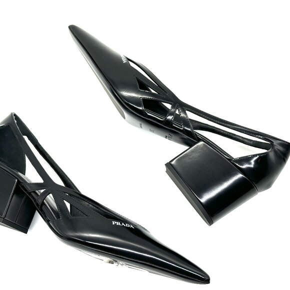 PRADA Runway Pointed Toe Cutout Cut Out Block Heel Brushed Leather Pumps - Picture 14 of 16